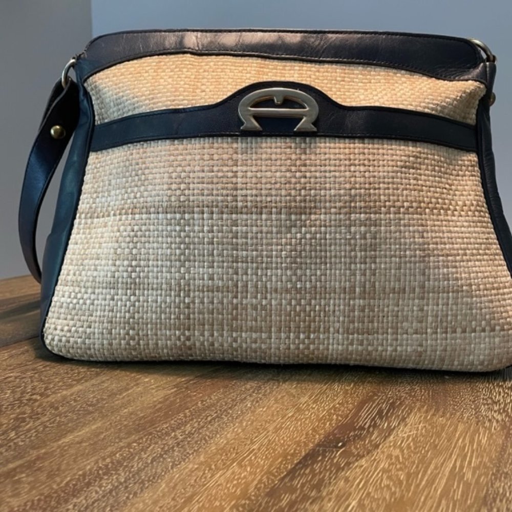 Eitenne Aigner Blue Leather and Woven Straw Purse